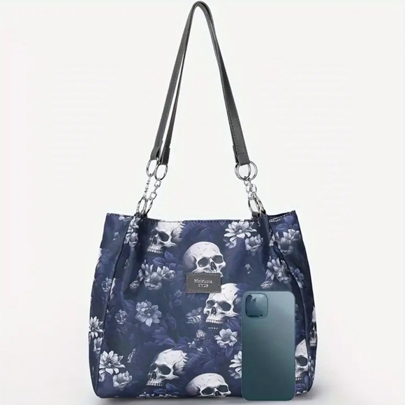 Gothic Skull Blue Floral Print‎ Hobo Bag Shoulder Bag Womens Punk Style Purse - Picture 3 of 8